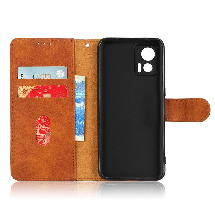Skin-Touch Feeling Phone Cover for Motorola Edge 30 Neo 5G, PU Leather Magnetic Clasp Stand Wallet Case - Brown
