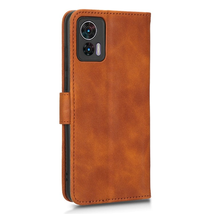 Skin-Touch Feeling Phone Cover for Motorola Edge 30 Neo 5G, PU Leather Magnetic Clasp Stand Wallet Case - Brown