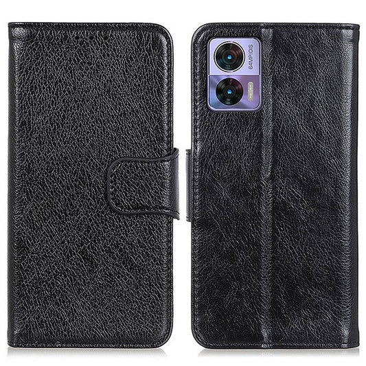 For Motorola Edge 30 Neo 5G Split Leather Case Nappa Texture Stand Wallet Anti-Scratch Phone Cover - Black