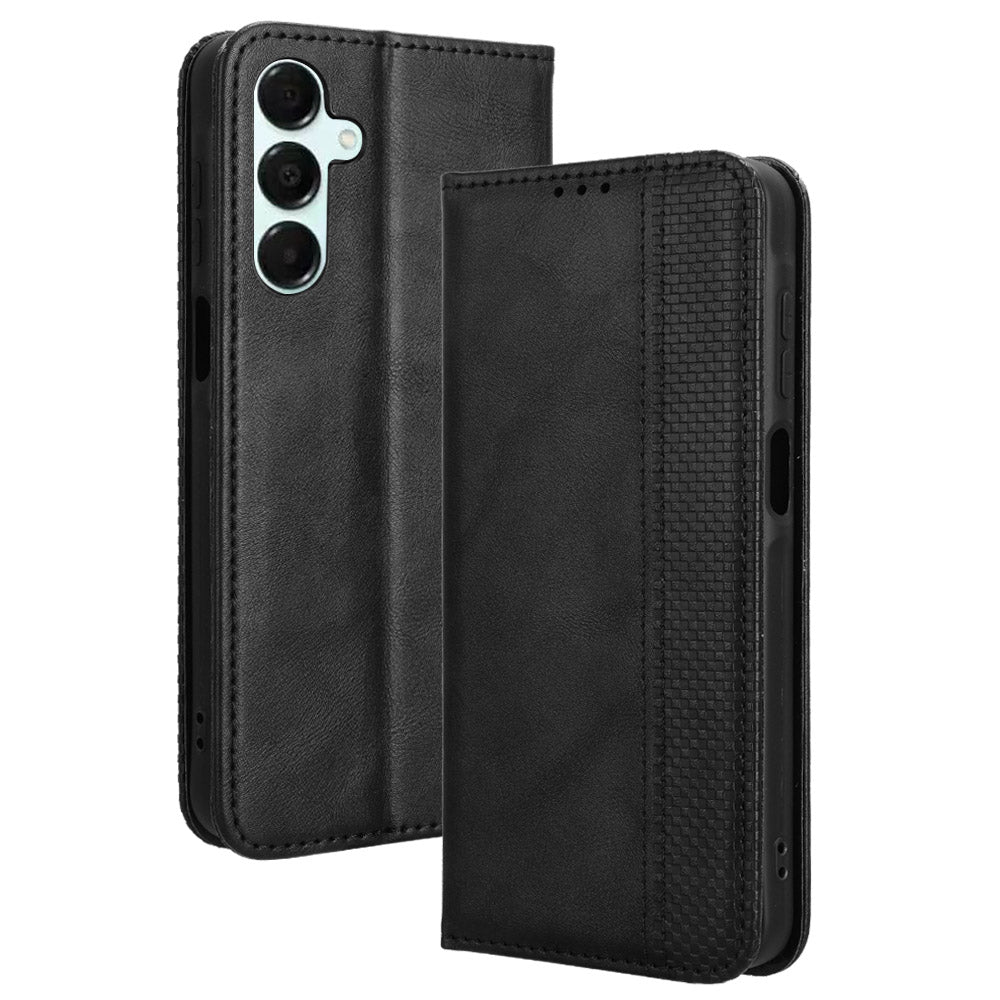 For Samsung Galaxy A16 5G / A16 4G Leather Case Wallet Stand Retro Texture Phone Cover - Black
