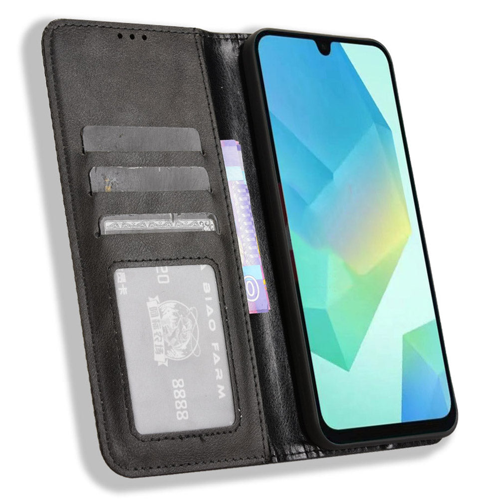 For Samsung Galaxy A16 5G / A16 4G Leather Case Wallet Stand Retro Texture Phone Cover - Black