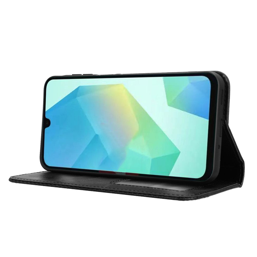 For Samsung Galaxy A16 5G / A16 4G Leather Case Wallet Stand Retro Texture Phone Cover - Black