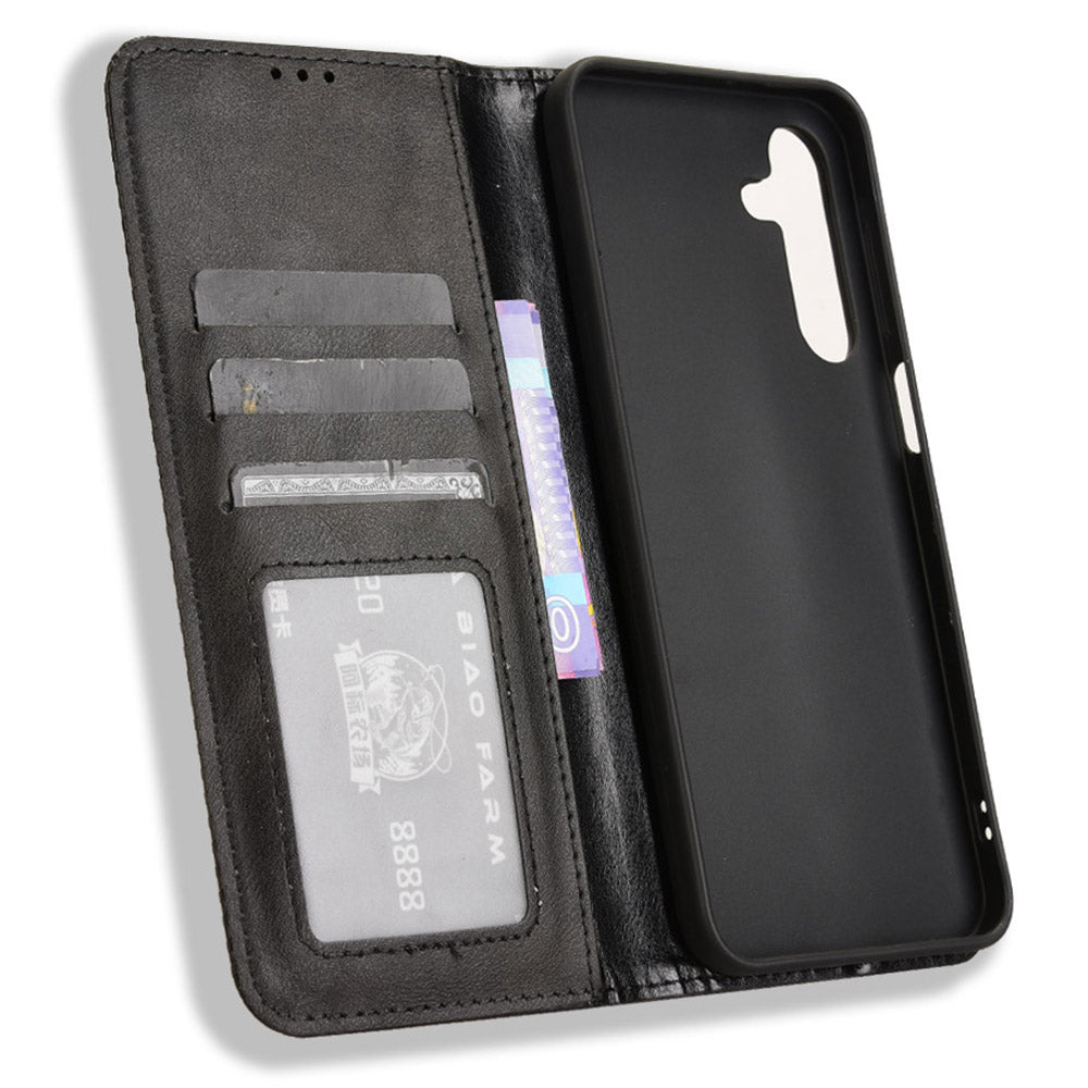 For Samsung Galaxy A16 5G / A16 4G Leather Case Wallet Stand Retro Texture Phone Cover - Black