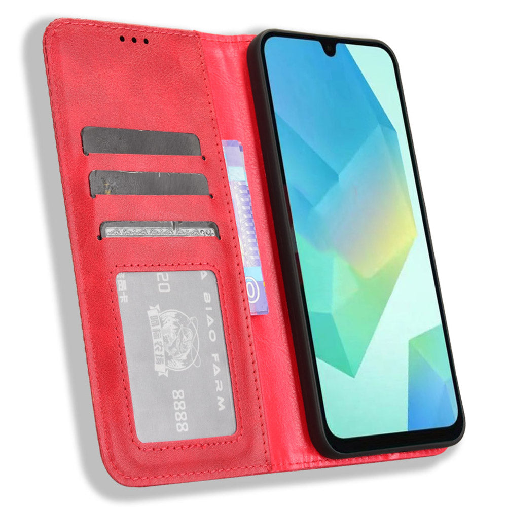 For Samsung Galaxy A16 5G / A16 4G Leather Case Wallet Stand Retro Texture Phone Cover - Red
