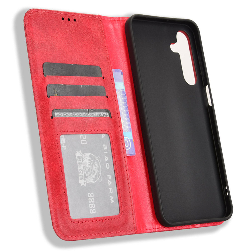 For Samsung Galaxy A16 5G / A16 4G Leather Case Wallet Stand Retro Texture Phone Cover - Red
