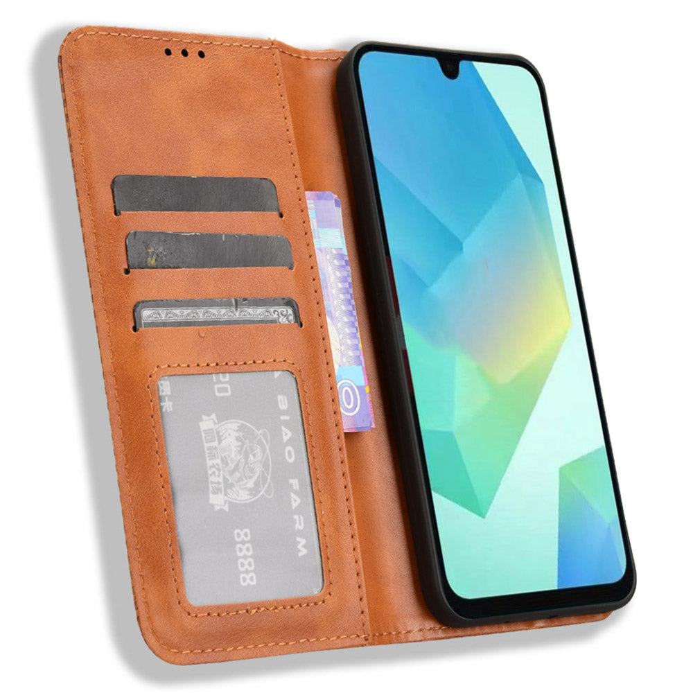 For Samsung Galaxy A16 5G / A16 4G Leather Case Wallet Stand Retro Texture Phone Cover - Brown