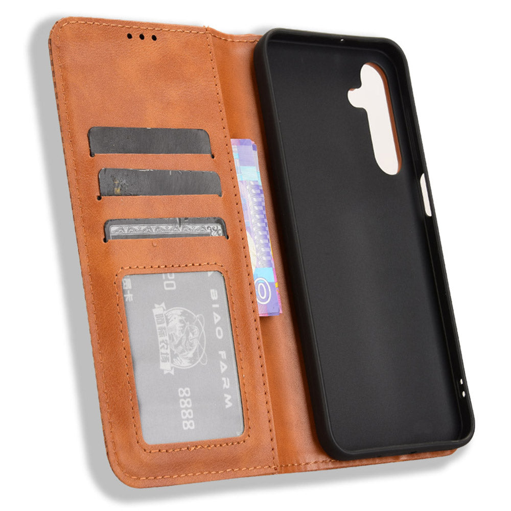 For Samsung Galaxy A16 5G / A16 4G Leather Case Wallet Stand Retro Texture Phone Cover - Brown