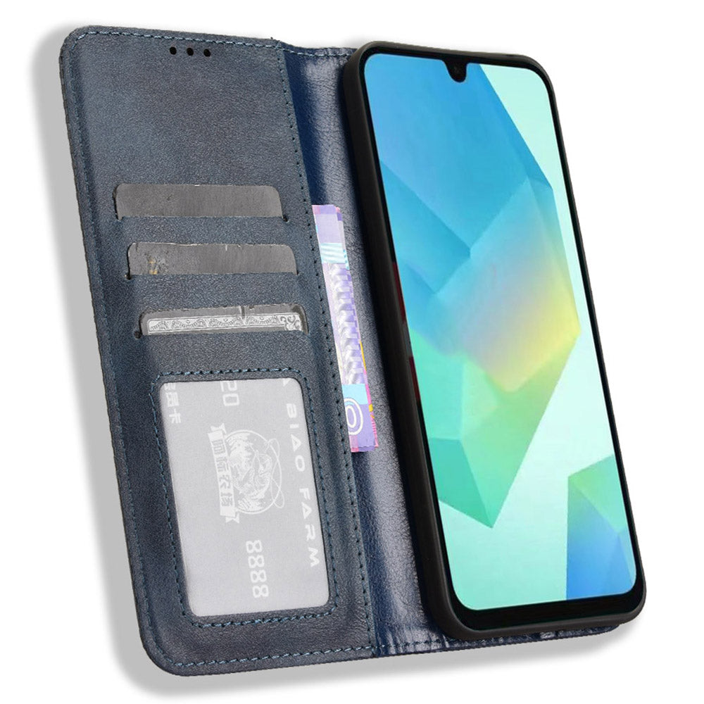 For Samsung Galaxy A16 5G / A16 4G Leather Case Wallet Stand Retro Texture Phone Cover - Blue