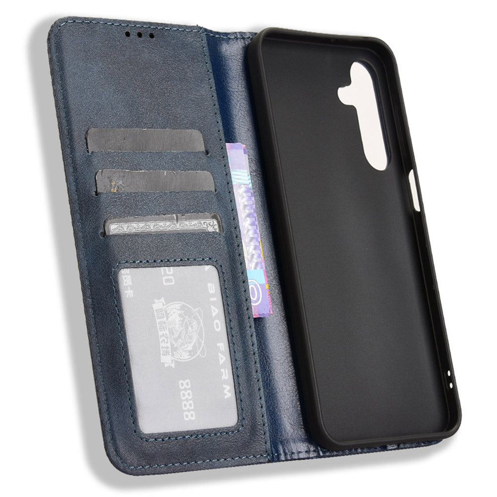 For Samsung Galaxy A16 5G / A16 4G Leather Case Wallet Stand Retro Texture Phone Cover - Blue