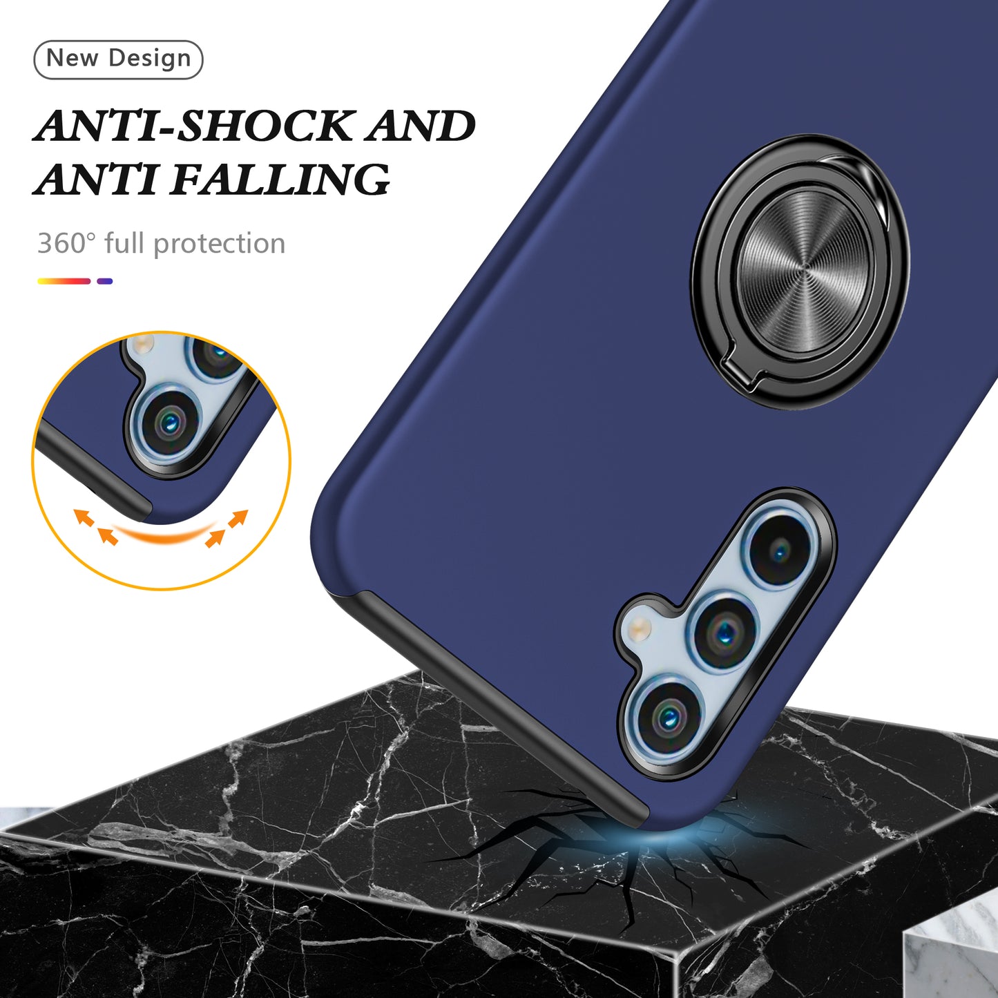 For Samsung Galaxy A16 5G / A16 4G Case PC+TPU Phone Cover with Rotatable Ring Holder - Blue