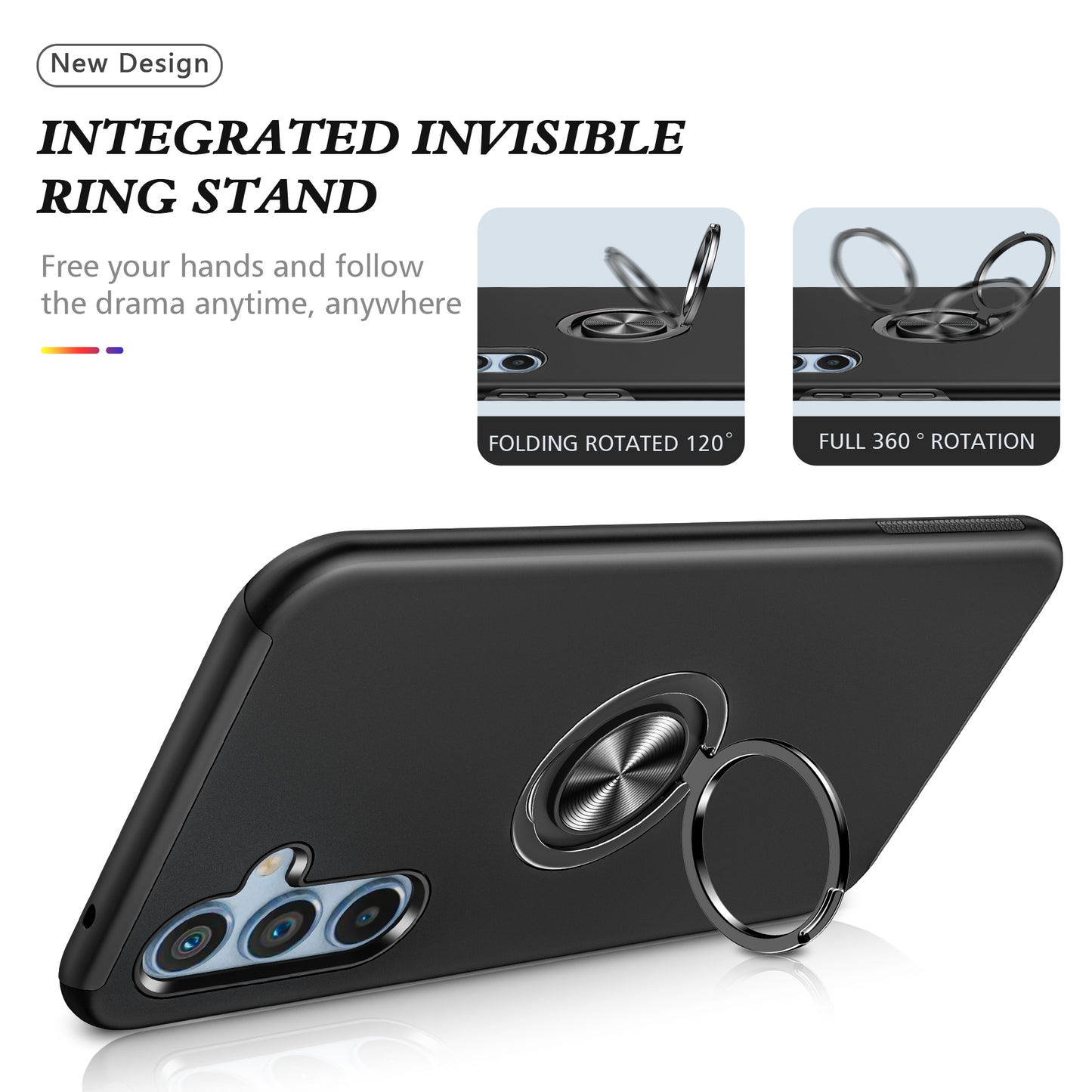 For Samsung Galaxy A16 5G / A16 4G Case PC+TPU Phone Cover with Rotatable Ring Holder - Black