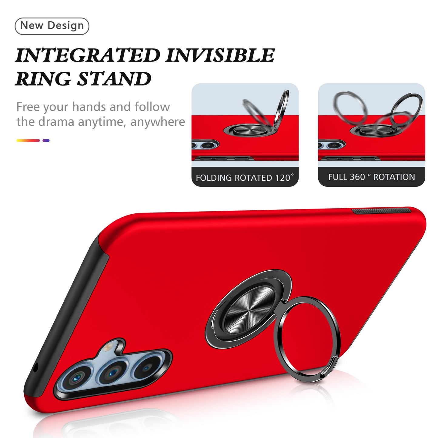 For Samsung Galaxy A16 5G / A16 4G Case PC+TPU Phone Cover with Rotatable Ring Holder - Red