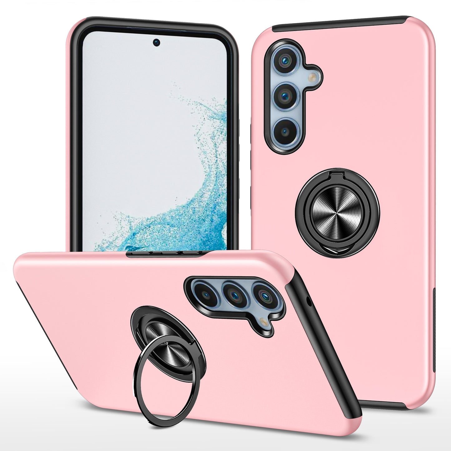 For Samsung Galaxy A16 5G / A16 4G Case PC+TPU Phone Cover with Rotatable Ring Holder - Rose Gold