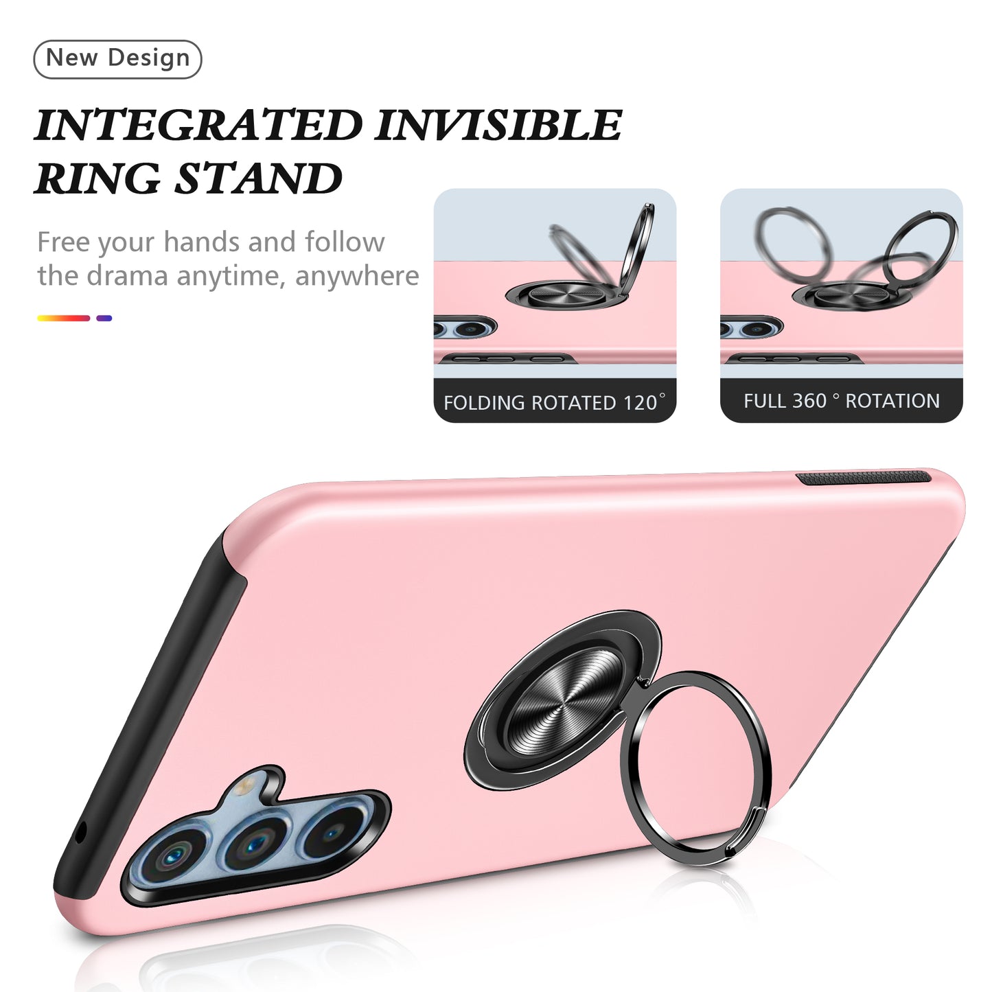 For Samsung Galaxy A16 5G / A16 4G Case PC+TPU Phone Cover with Rotatable Ring Holder - Rose Gold