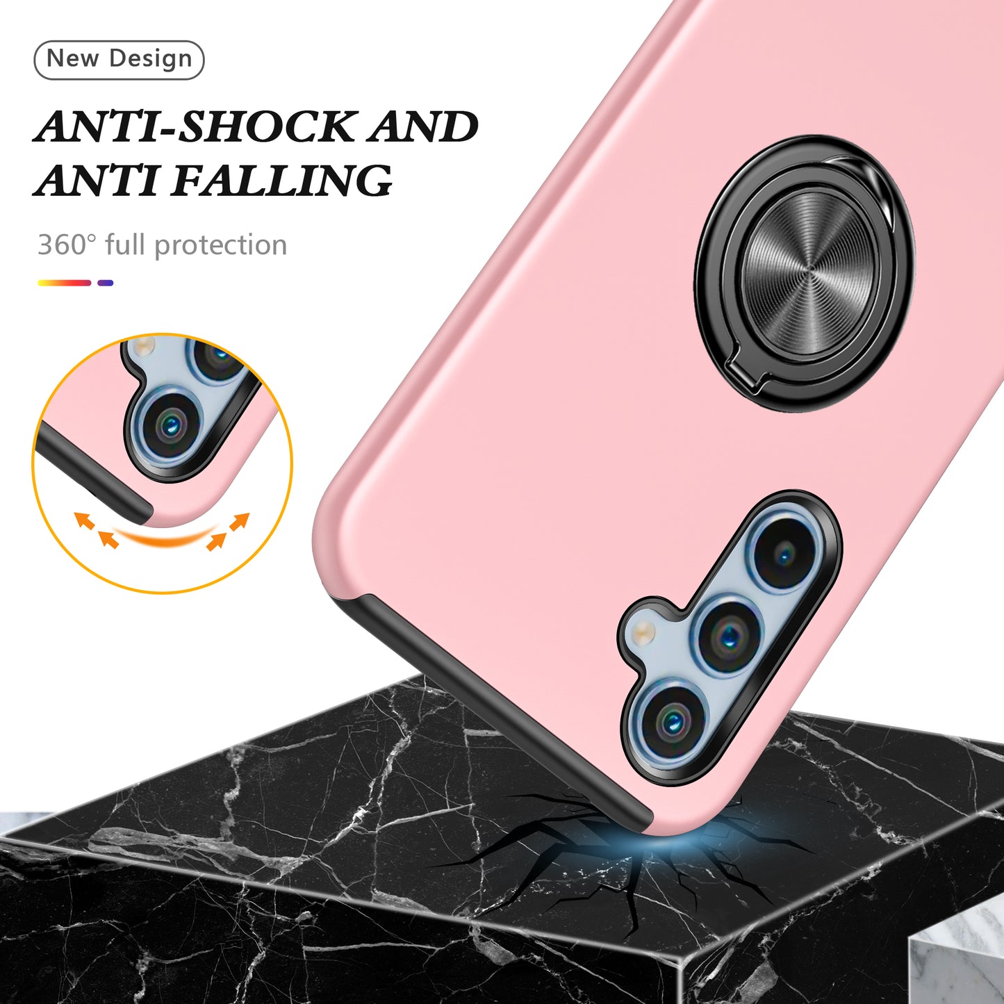 For Samsung Galaxy A16 5G / A16 4G Case PC+TPU Phone Cover with Rotatable Ring Holder - Rose Gold