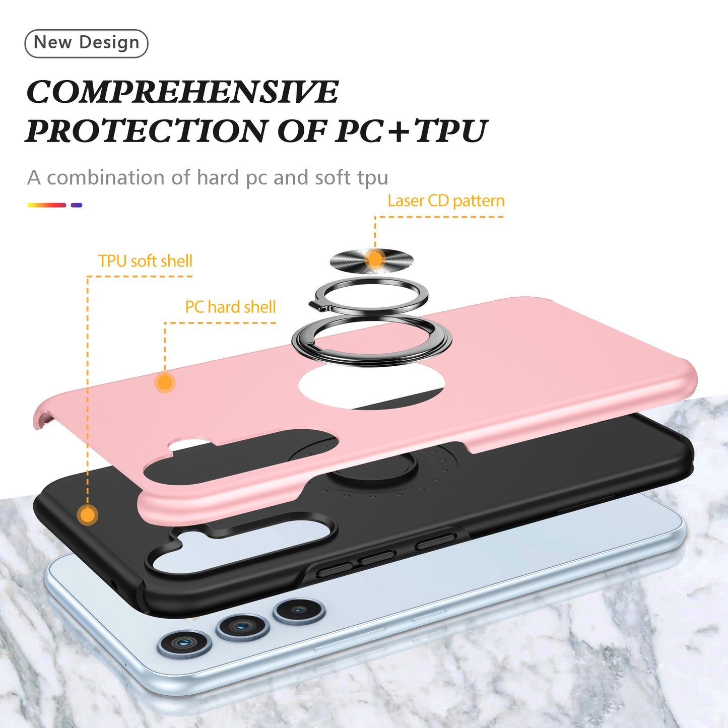 For Samsung Galaxy A16 5G / A16 4G Case PC+TPU Phone Cover with Rotatable Ring Holder - Rose Gold