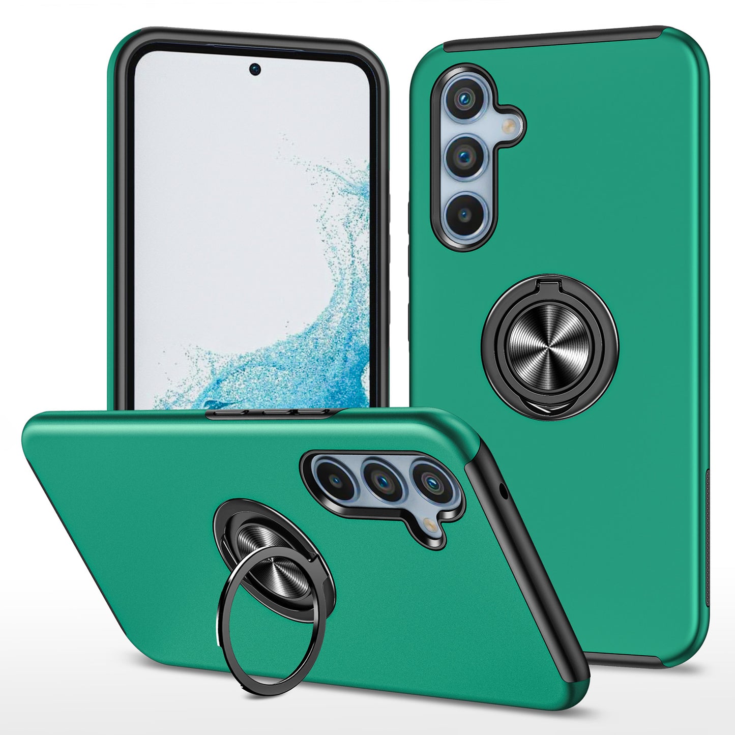 For Samsung Galaxy A16 5G / A16 4G Case PC+TPU Phone Cover with Rotatable Ring Holder - Blackish Green