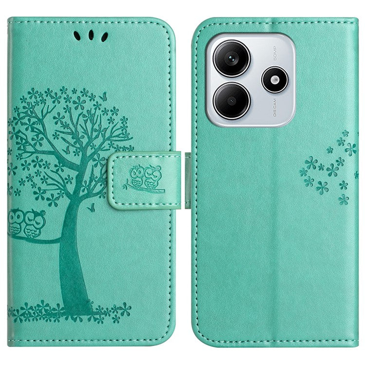 For Xiaomi Redmi Note 14 5G Case PU Leather Owl Tree Imprinted Wallet Phone Cover - Cyan