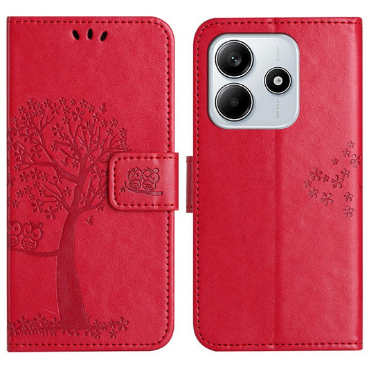 For Xiaomi Redmi Note 14 5G Case PU Leather Owl Tree Imprinted Wallet Phone Cover - Red
