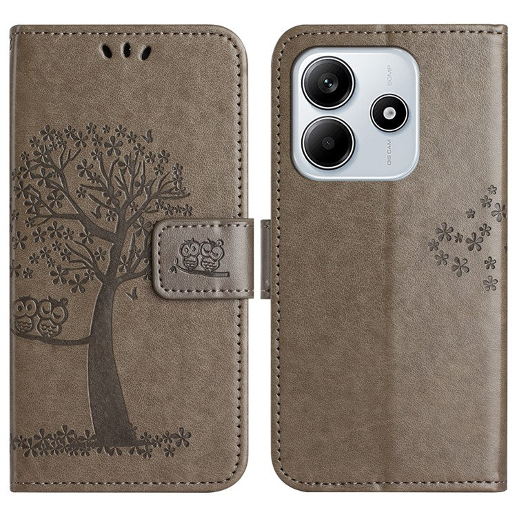 For Xiaomi Redmi Note 14 5G Case PU Leather Owl Tree Imprinted Wallet Phone Cover - Grey