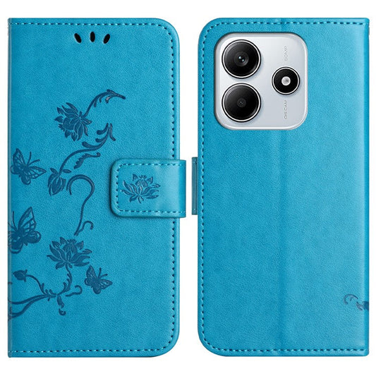 For Xiaomi Redmi Note 14 5G Case Wallet Stand Imprinted Butterfly Flower PU Leather Phone Cover - Blue