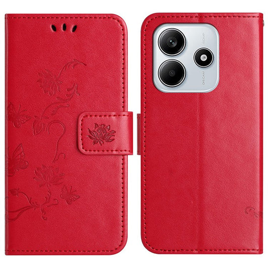 For Xiaomi Redmi Note 14 5G Case Wallet Stand Imprinted Butterfly Flower PU Leather Phone Cover - Red