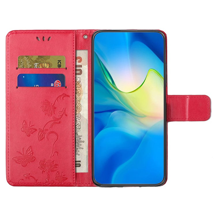 For Xiaomi Redmi Note 14 5G Case Wallet Stand Imprinted Butterfly Flower PU Leather Phone Cover - Red