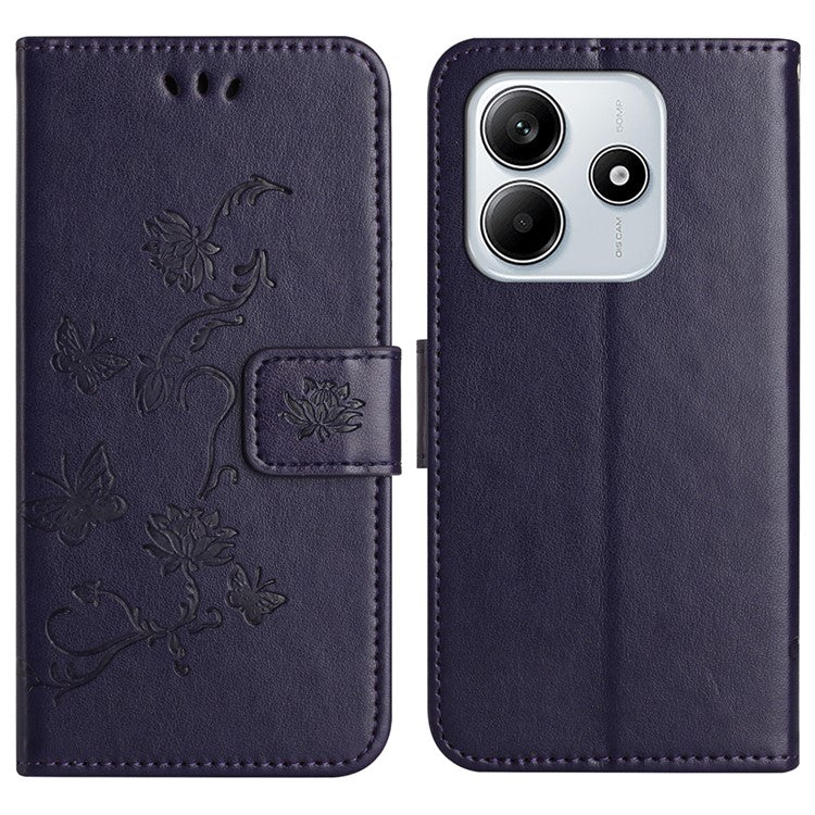 For Xiaomi Redmi Note 14 5G Case Wallet Stand Imprinted Butterfly Flower PU Leather Phone Cover - Dark Purple