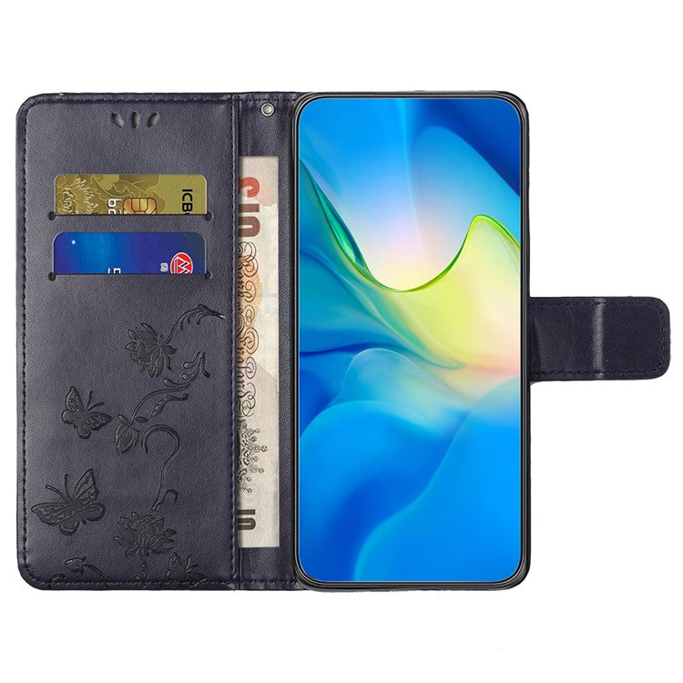 For Xiaomi Redmi Note 14 5G Case Wallet Stand Imprinted Butterfly Flower PU Leather Phone Cover - Dark Purple