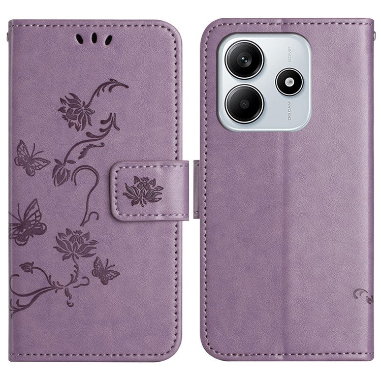 For Xiaomi Redmi Note 14 5G Case Wallet Stand Imprinted Butterfly Flower PU Leather Phone Cover - Purple