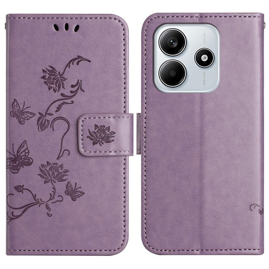 For Xiaomi Redmi Note 14 5G Case Wallet Stand Imprinted Butterfly Flower PU Leather Phone Cover - Purple