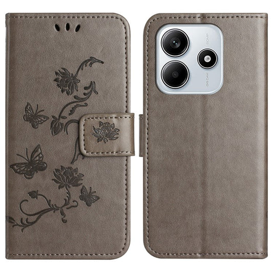 For Xiaomi Redmi Note 14 5G Case Wallet Stand Imprinted Butterfly Flower PU Leather Phone Cover - Grey