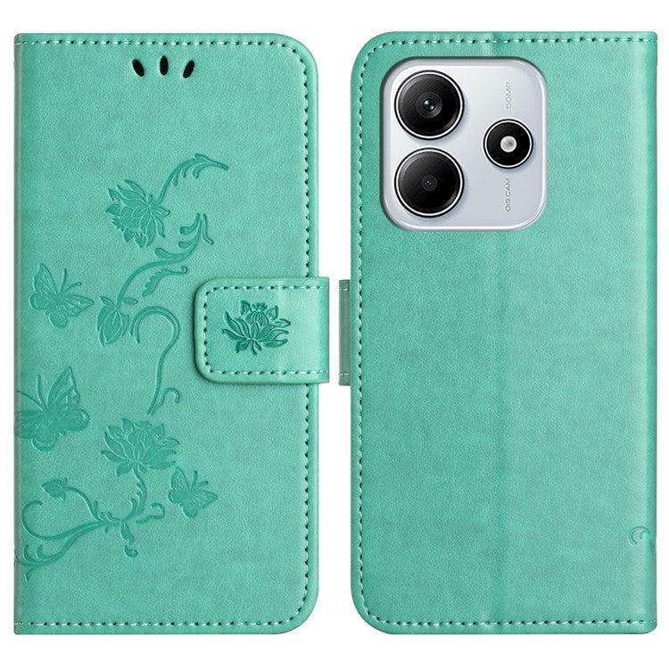 For Xiaomi Redmi Note 14 5G Case Wallet Stand Imprinted Butterfly Flower PU Leather Phone Cover - Cyan
