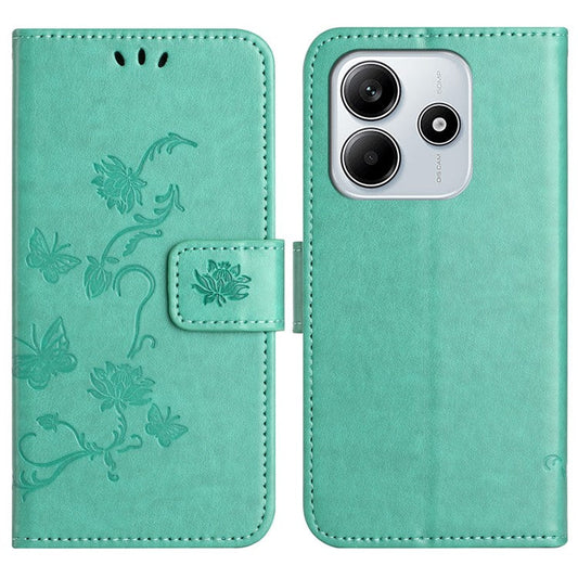For Xiaomi Redmi Note 14 5G Case Wallet Stand Imprinted Butterfly Flower PU Leather Phone Cover - Cyan