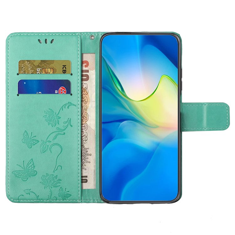 For Xiaomi Redmi Note 14 5G Case Wallet Stand Imprinted Butterfly Flower PU Leather Phone Cover - Cyan