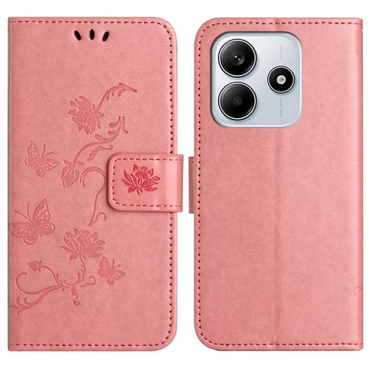 For Xiaomi Redmi Note 14 5G Case Wallet Stand Imprinted Butterfly Flower PU Leather Phone Cover - Pink