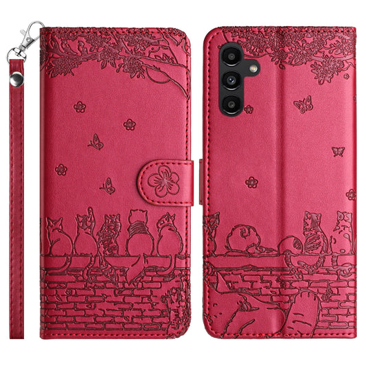 For Samsung Galaxy A16 5G / A16 4G Case with Wrist Strap Leather Phone Cover Wall Cats Pattern - Red