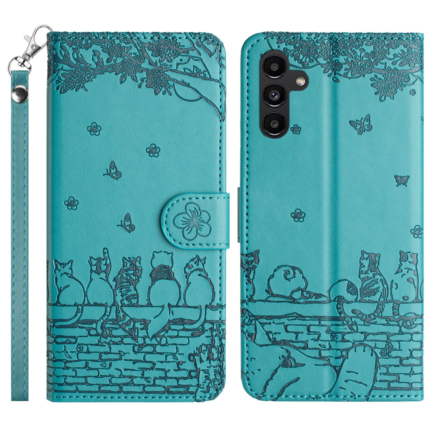 For Samsung Galaxy A16 5G / A16 4G Case with Wrist Strap Leather Phone Cover Wall Cats Pattern - Blue