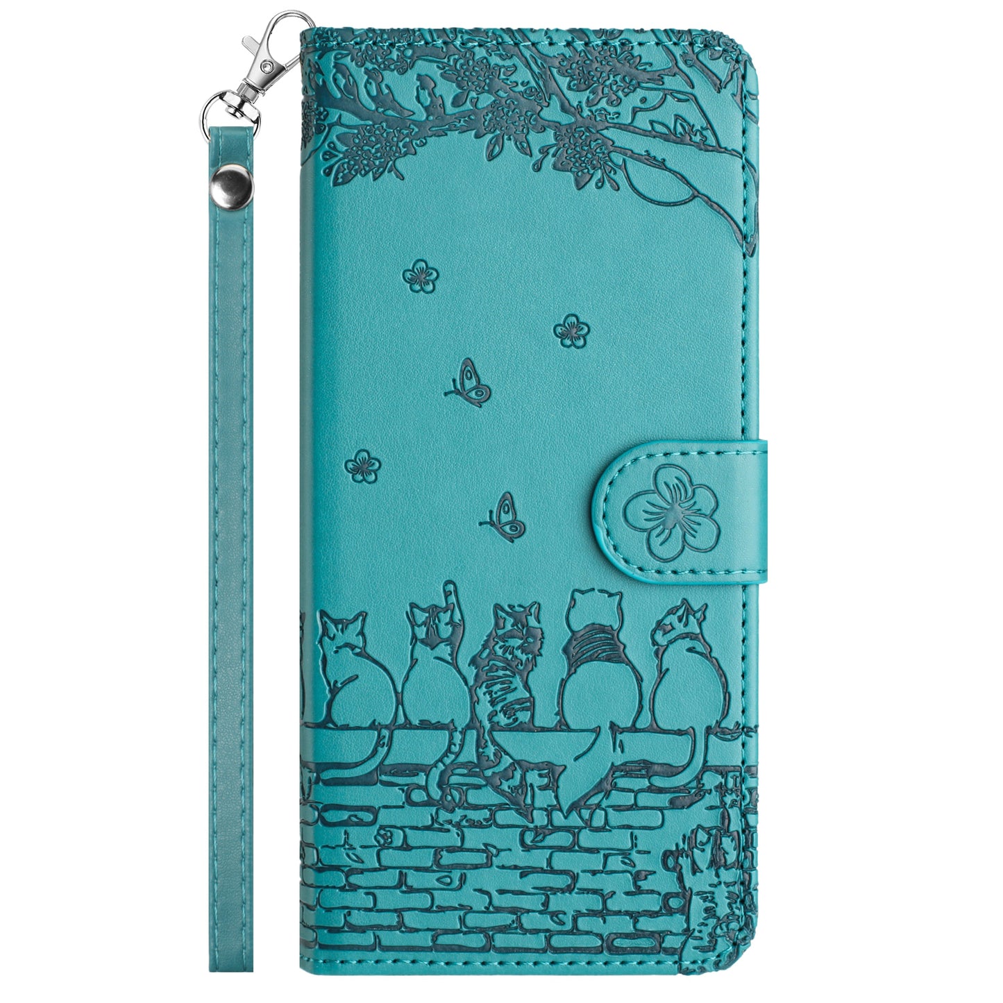 For Samsung Galaxy A16 5G / A16 4G Case with Wrist Strap Leather Phone Cover Wall Cats Pattern - Blue