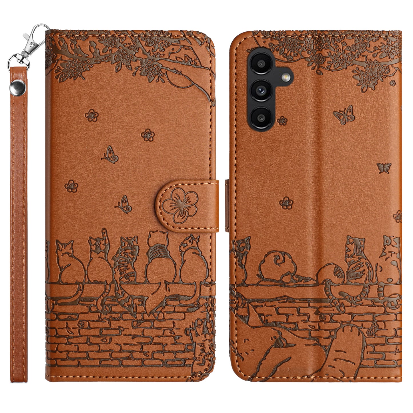 For Samsung Galaxy A16 5G / A16 4G Case with Wrist Strap Leather Phone Cover Wall Cats Pattern - Brown