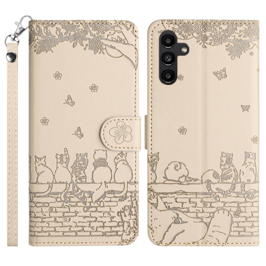 For Samsung Galaxy A16 5G / A16 4G Case with Wrist Strap Leather Phone Cover Wall Cats Pattern - Apricot