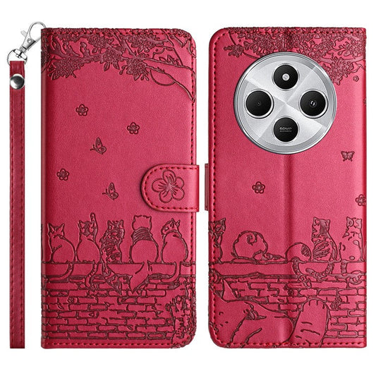 For Xiaomi Poco C75 4G / Redmi 14R 5G / 14C 4G Case with Wrist Strap Leather Phone Cover Wall Cats Pattern - Red