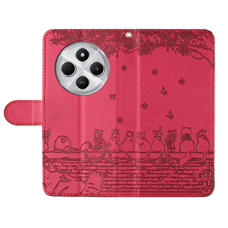 For Xiaomi Poco C75 4G / Redmi 14R 5G / 14C 4G Case with Wrist Strap Leather Phone Cover Wall Cats Pattern - Red