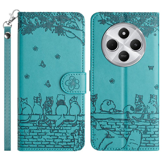 For Xiaomi Poco C75 4G / Redmi 14R 5G / 14C 4G Case with Wrist Strap Leather Phone Cover Wall Cats Pattern - Blue