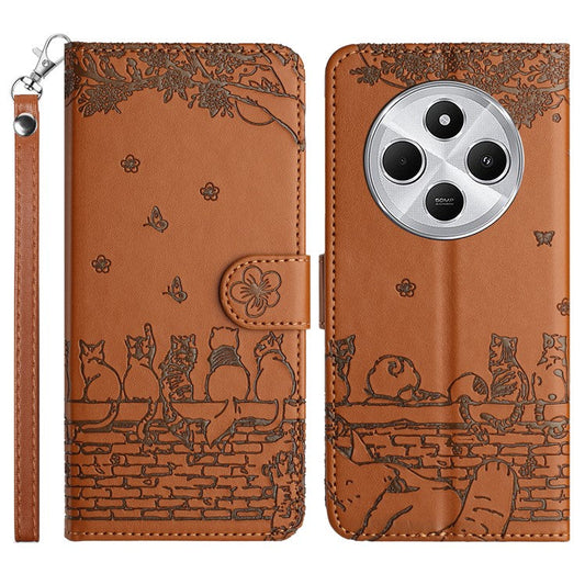 For Xiaomi Poco C75 4G / Redmi 14R 5G / 14C 4G Case with Wrist Strap Leather Phone Cover Wall Cats Pattern - Brown