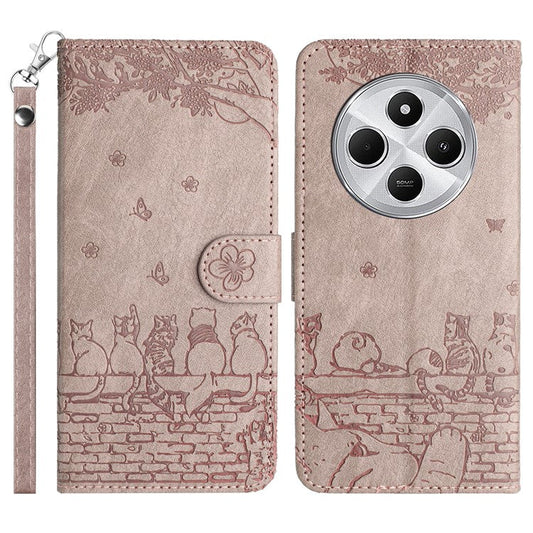 For Xiaomi Poco C75 4G / Redmi 14R 5G / 14C 4G Case with Wrist Strap Leather Phone Cover Wall Cats Pattern - Smoky Purple