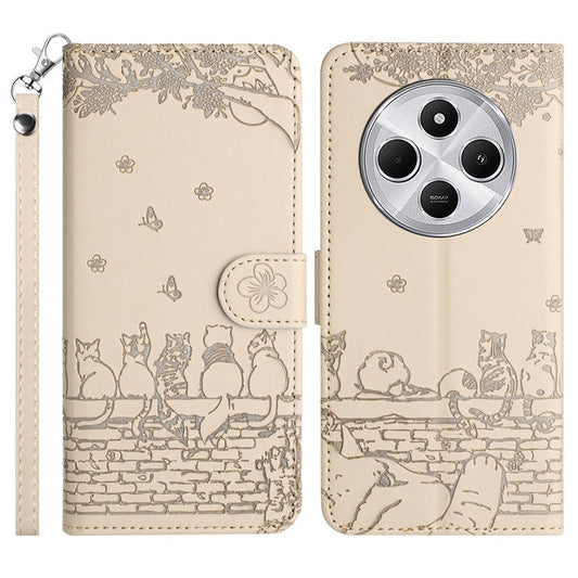 For Xiaomi Poco C75 4G / Redmi 14R 5G / 14C 4G Case with Wrist Strap Leather Phone Cover Wall Cats Pattern - Apricot