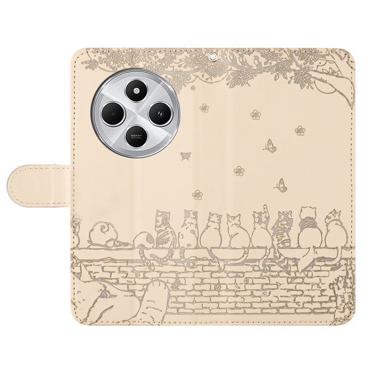 For Xiaomi Poco C75 4G / Redmi 14R 5G / 14C 4G Case with Wrist Strap Leather Phone Cover Wall Cats Pattern - Apricot