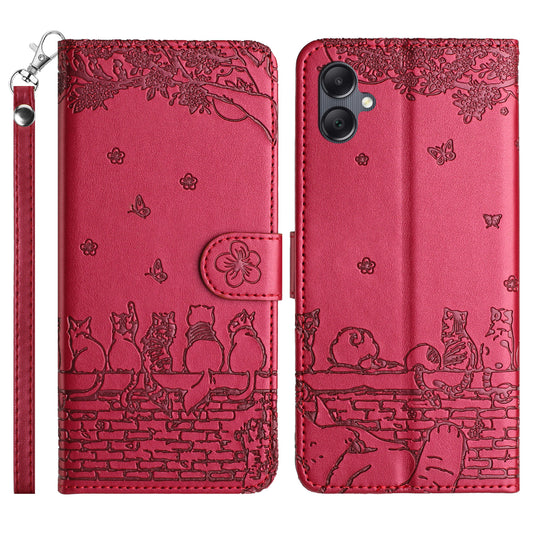 For Samsung Galaxy A06 Case with Wrist Strap Leather Phone Cover Wall Cats Pattern - Red