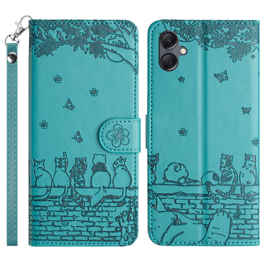 For Samsung Galaxy A06 Case with Wrist Strap Leather Phone Cover Wall Cats Pattern - Blue